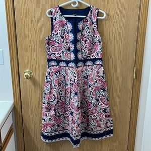 Talbots Paisley Fit & Flare Dress Pink Blue White Sleeveless Pockets Size 10